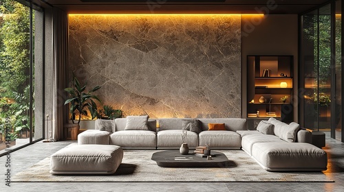 richly designed luxury living room with warm brown and beige tones featuring light gray lounge furniture and an empty microcement background for art creating a mockup room suitable for an office r