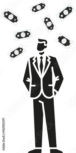 Black and white of a businessman in a suit with dollar bills floating around him. Bold vector illustration symbolizing wealth, success, financial gain, or business achievement.

