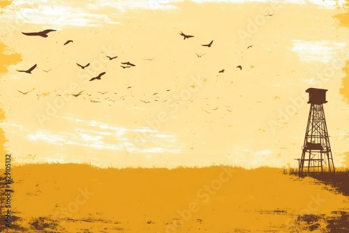 Silhouette of a Watchtower Against a Yellow Sky with Flying Birds