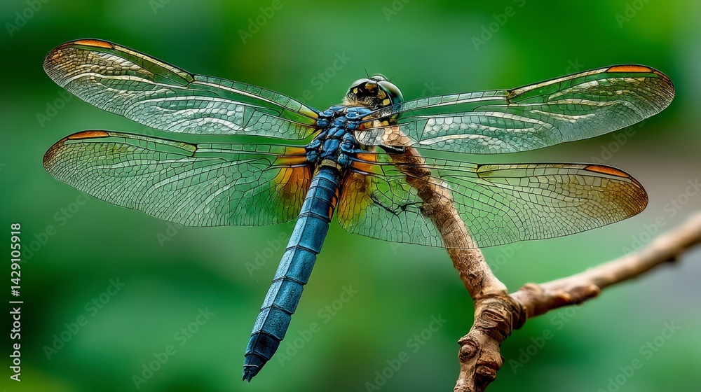 Closeup of a blue dragonfly with translucent wings perched on a twig against a blurred green background. Closeup of a blue dragonfly with translucent wings perched on a twig against a blurred green background.