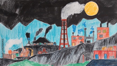 Night industrial landscape, pollution, coal mine,  environmental impact,  illustration