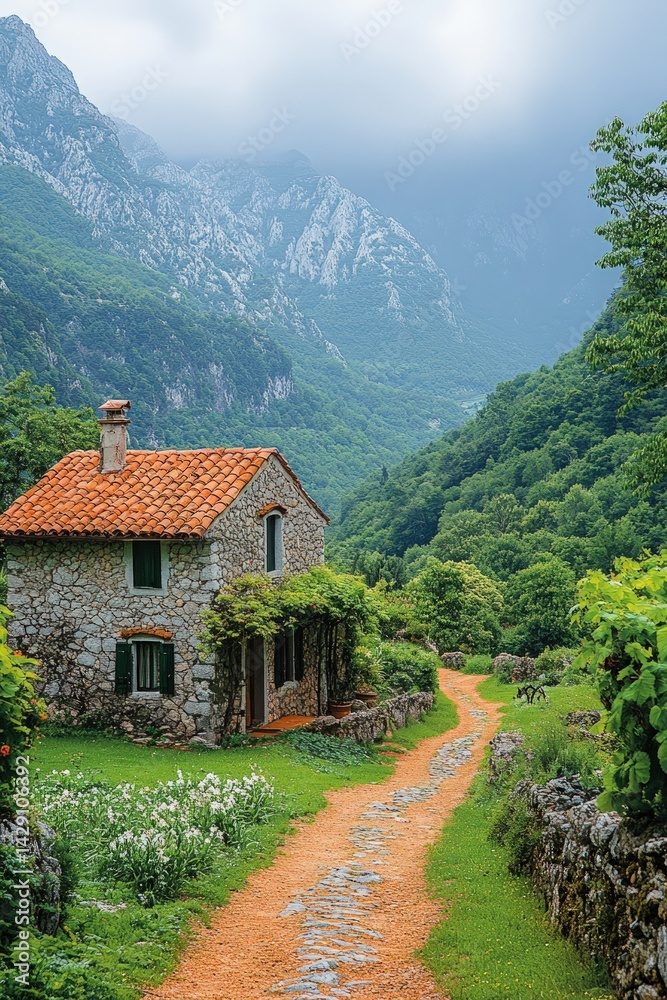 Stone house with orange roof near a path surrounded by trees and mountains. Stone house with orange roof near a path surrounded by trees and mountains.