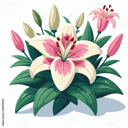 floral, lily, flower, nature, blossom, plant, white, background, spring, flora, bouquet, isolated, botanical, decoration, summer, botany, leaf, bloom, beautiful, green, closeup, petal, illustration, g