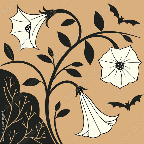 Halloween Floral Art Print Bats Flowers