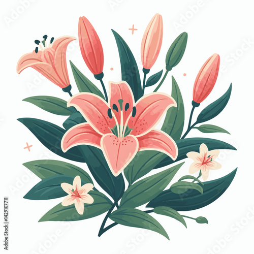 floral, lily, flower, nature, blossom, plant, white, background, spring, flora, bouquet, isolated, botanical, decoration, summer, botany, leaf, bloom, beautiful, green, closeup, petal, illustration, g