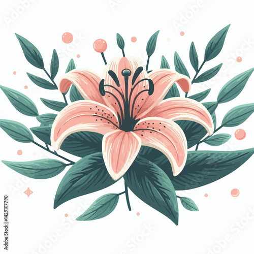 floral, lily, flower, nature, blossom, plant, white, background, spring, flora, bouquet, isolated, botanical, decoration, summer, botany, leaf, bloom, beautiful, green, closeup, petal, illustration, g