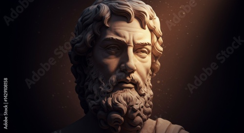 A neoclassical marble bust with divine presence, illuminated by ethereal space light. Set against a cosmic backdrop, the statue evokes ancient wisdom and celestial mystique