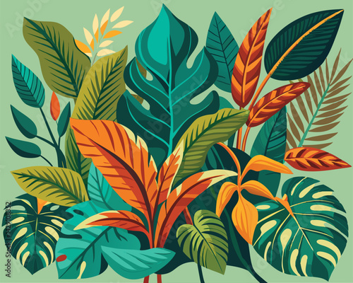 Tropical Paradise. A vibrant illustration of lush exotic leaves and plants