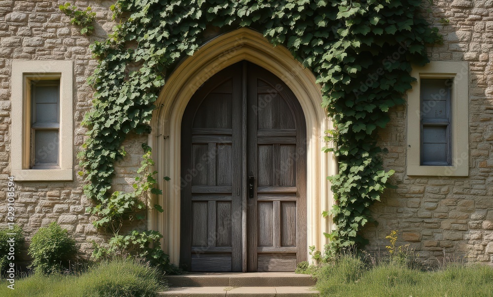 A rustic wooden door framed by lush greenery, exuding charm and tranquility. A rustic wooden door framed by lush greenery, exuding charm and tranquility.