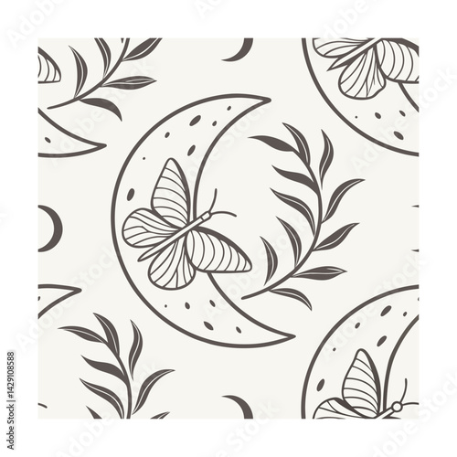 Repeating Half Moon Neutral Pattern, Golden banana leaf line arts, Hand drawn outline design for fabric, print, cover, banner and invitation, Vector illustration
