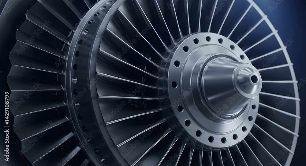 Detailed Close Up of a Silver Jet Engine Turbine Blades and Metallic Components in Aerospace Technology Detailed Close Up of a Silver Jet Engine Turbine Blades and Metallic Components in Aerospace Technology
