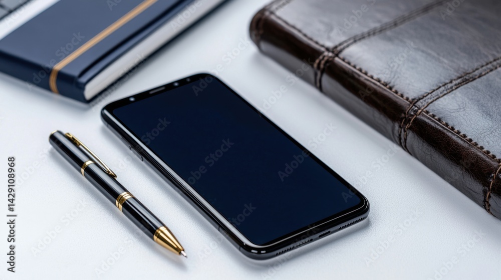 A black cell phone sits on a table next to a pen