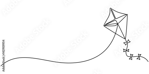 Kite continuous one line art drawing of minimalist logo vector icon illustration, Outline kite vector one line continuous drawing background, Kite   continuous one line drawing of outline vector.