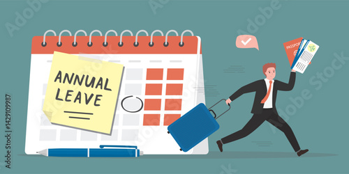 Calendar with annual leave note. Time to vacation, happy businessman with baggage running from office. Annual leave or day off to rest from hard work, schedule reminder