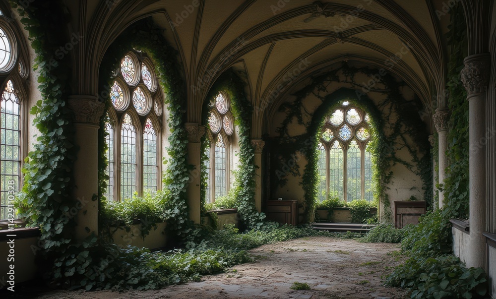 Abandoned gothic interior with lush vines creating a serene yet haunting atmosphere. Abandoned gothic interior with lush vines creating a serene yet haunting atmosphere.