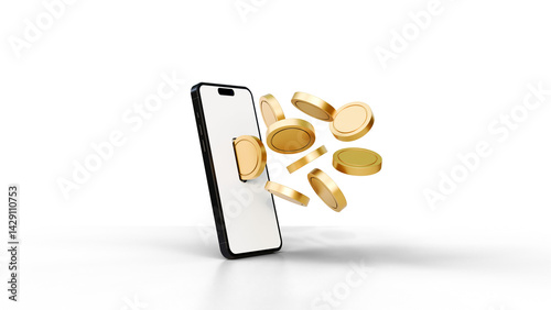 Smartphone with golden coins mock up with shadows. Financial application, cashback and earning concept with golden coins returning back from smartphone template. Blank screen phone and gold coins.