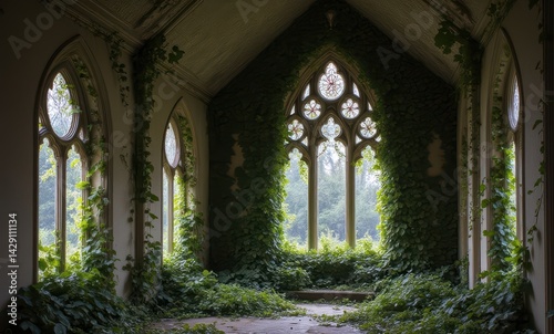 Abandoned chapel overtaken by nature  showcasing intricate stained glass windows.