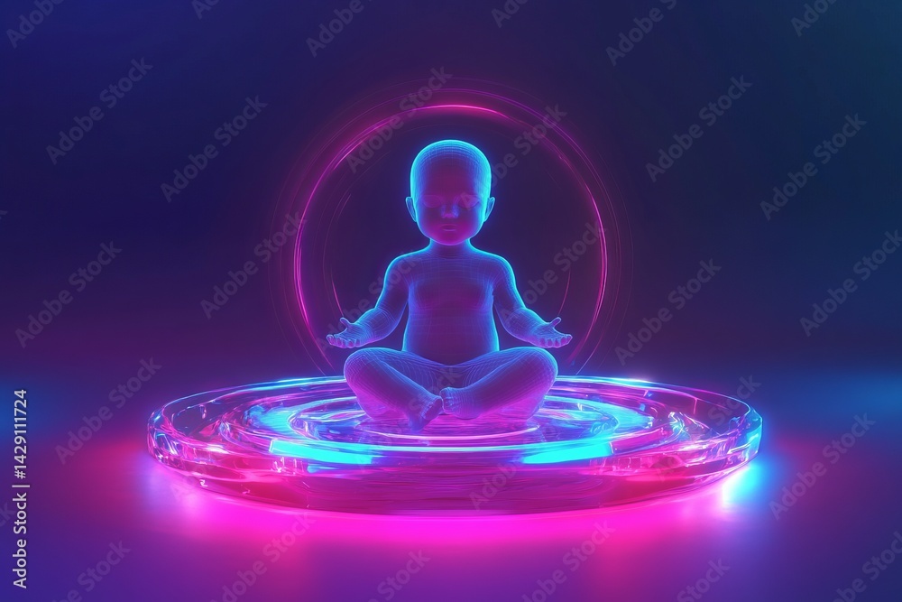 Calm child practicing meditation in a glowing circular platform surrounded by vibrant colors