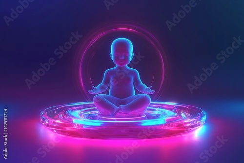 Obraz na płótnie Calm child practicing meditation in a glowing circular platform surrounded by vibrant colors w salonie
