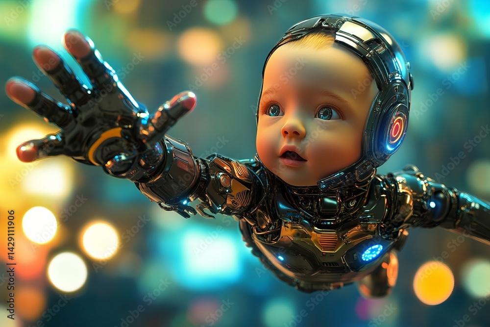 Futuristic robot baby reaching out in a neon-lit cityscape with advanced technology elements