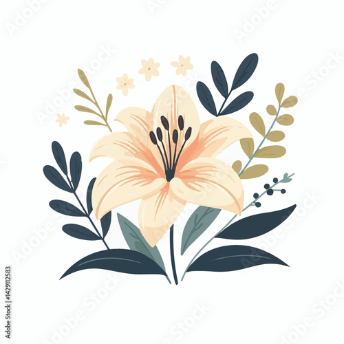 floral, lily, flower, nature, blossom, plant, white, background, spring, flora, bouquet, isolated, botanical, decoration, summer, botany, leaf, bloom, beautiful, green, closeup, petal, illustration, g