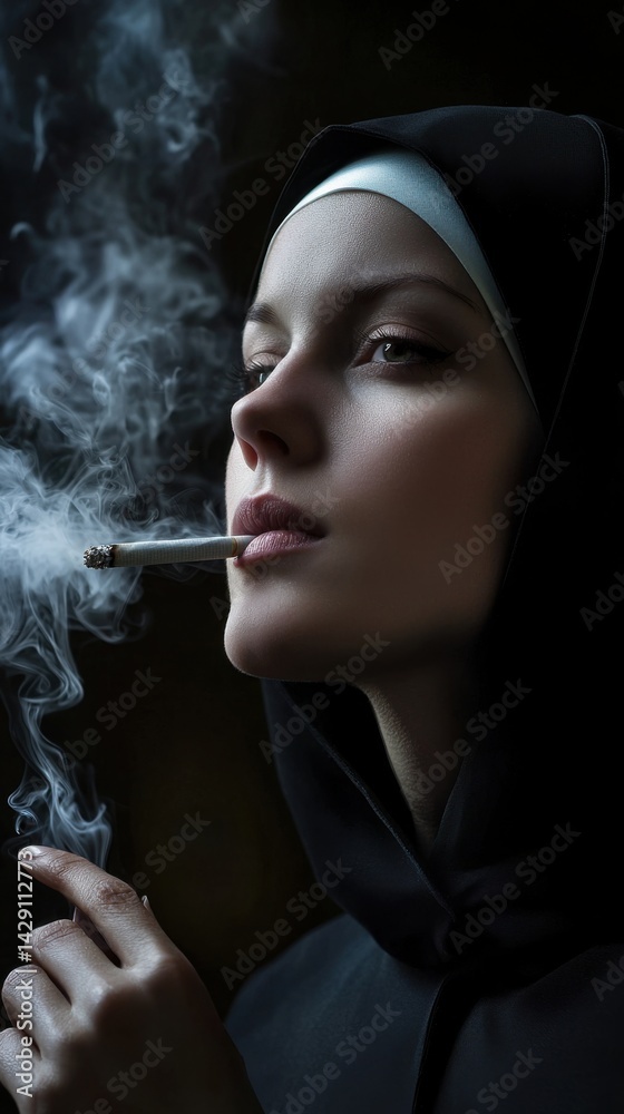Fototapeta premium A woman is smoking a cigarette while wearing a hoodie