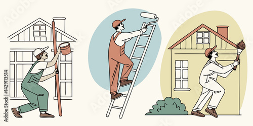 Building painter collection.  Group of maintenance paint worker in different pose.