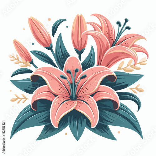 floral, lily, flower, nature, blossom, plant, white, background, spring, flora, bouquet, isolated, botanical, decoration, summer, botany, leaf, bloom, beautiful, green, closeup, petal, illustration, g