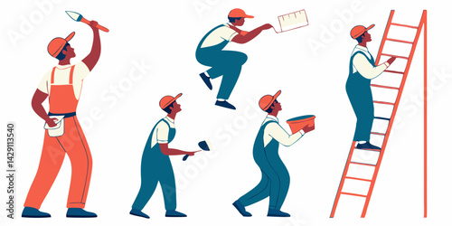 Building painter collection.  Group of maintenance paint worker in different pose.