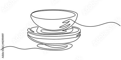 Continuous Line Drawing Of Stack Of Bowls. One Line Of Bowls. Kitchenware concept Continuous Line Art. Editable Outline, Stack of bowls in single line draw illustration. Continuous one line drawing.