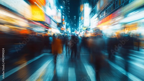 Night street, blurred motion, city crowd, vibrant lights, urban life, travel imagery