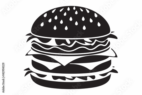 Black silhouette of a large hamburger with cheese and lettuce layers
