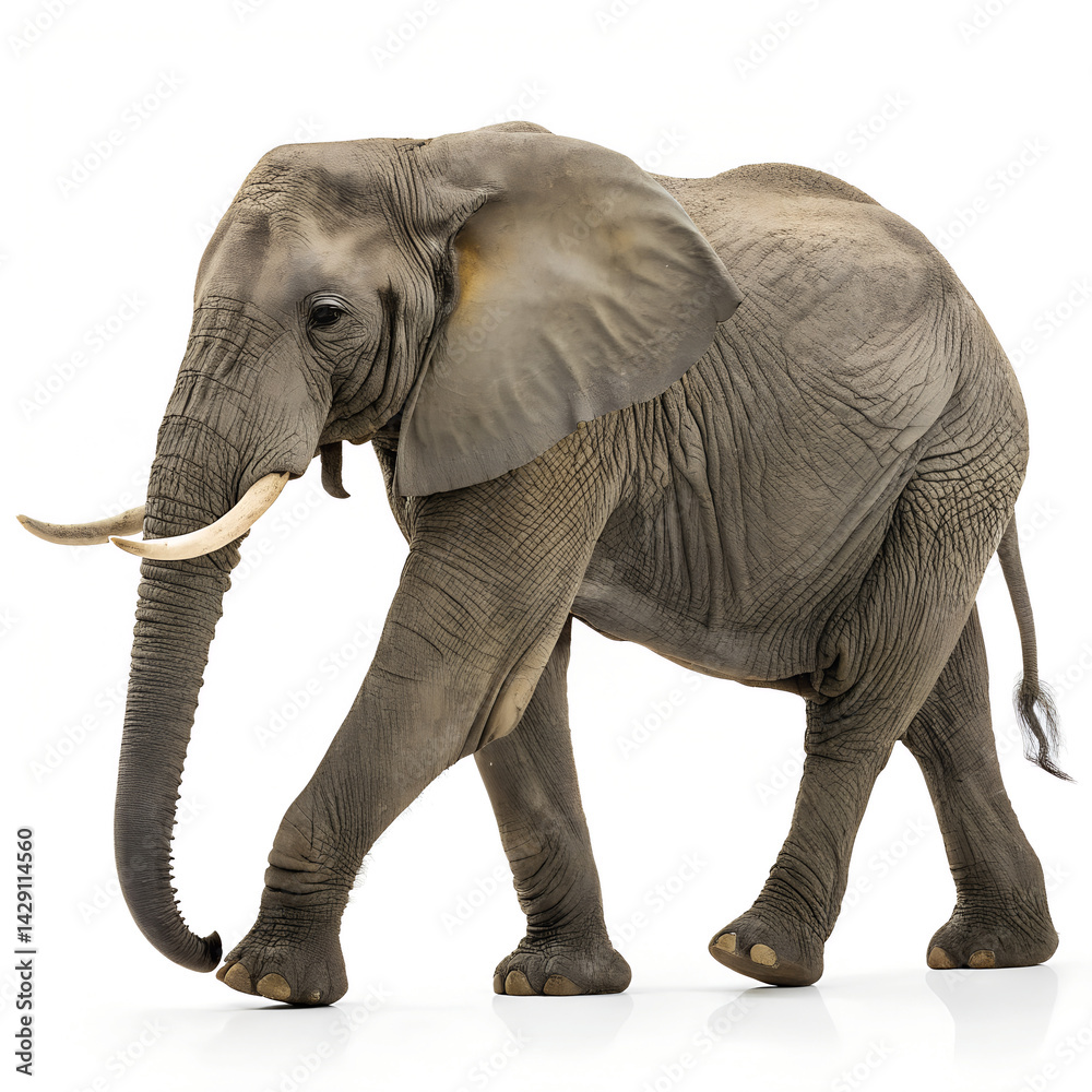 Fototapeta premium A big African elephant, a wild mammal with a trunk and ivory tusks, isolated on white