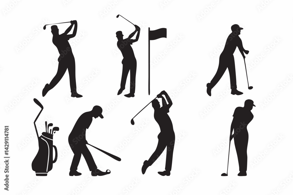 Obraz premium Golf player silhouette set collection of golfers playing black silhouettes on white