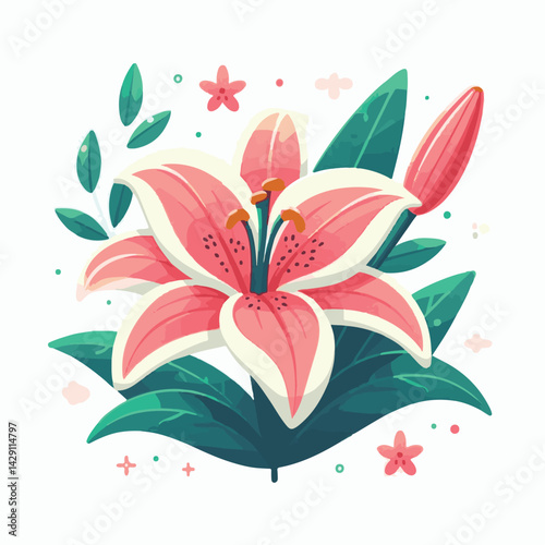 floral, lily, flower, nature, blossom, plant, white, background, spring, flora, bouquet, isolated, botanical, decoration, summer, botany, leaf, bloom, beautiful, green, closeup, petal, illustration, g