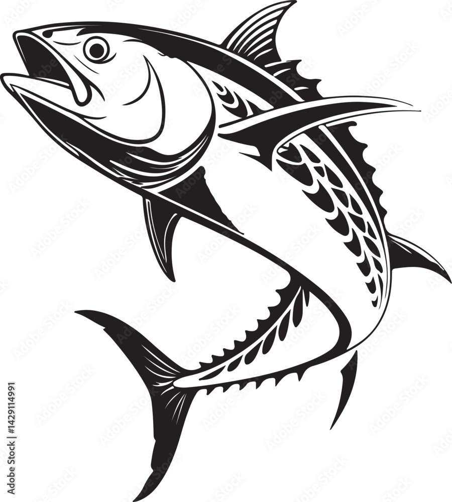 Naklejka premium Tuna fish silhouette icon, tuna line art vector illustration silhouette of tuna black tuna silhouette. Vector illustration.