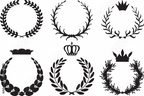 Collection of black silhouette laurel wreaths and crowns for logos or awards