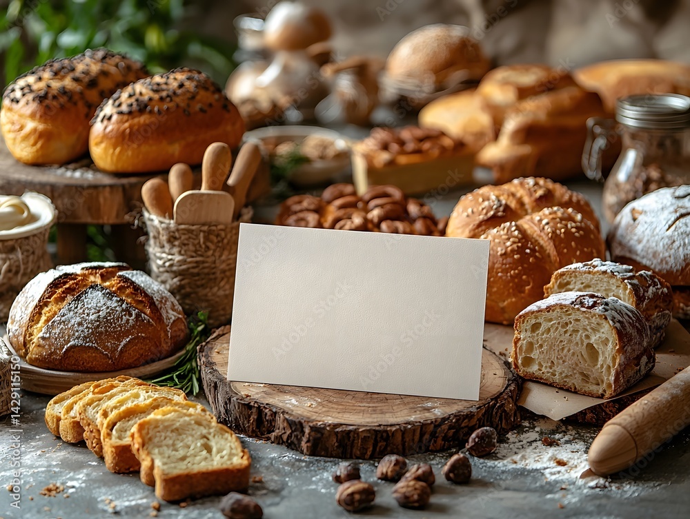 A bakery display with fresh breads pastries and a blank gift card long title A rustic wooden table displaying an assortment of homemade