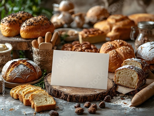 Obraz na płótnie A bakery display with fresh breads pastries and a blank gift card long title A rustic wooden table displaying an assortment of homemade w salonie