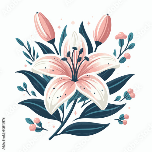 floral, lily, flower, nature, blossom, plant, white, background, spring, flora, bouquet, isolated, botanical, decoration, summer, botany, leaf, bloom, beautiful, green, closeup, petal, illustration, g
