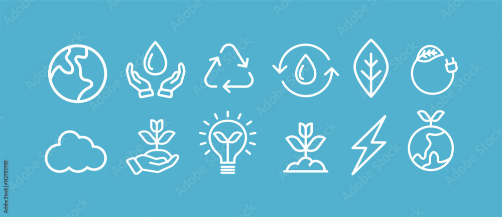 A clean and minimalist vector icon set featuring symbols related to sustainability, environmental care, renewable energy sources, and love for the planet. A clean and minimalist vector icon set featuring symbols related to sustainability, environmental care, renewable energy sources, and love for the planet.