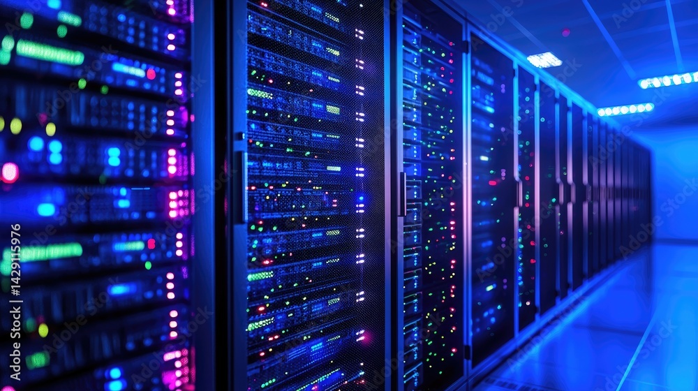 Modern server room with glowing LED lights in cool tones, showcasing advanced networking systems and ideal for illustrating cloud computing, storage, and data infrastructure Modern server room with glowing LED lights in cool tones, showcasing advanced networking systems and ideal for illustrating cloud computing, storage, and data infrastructure