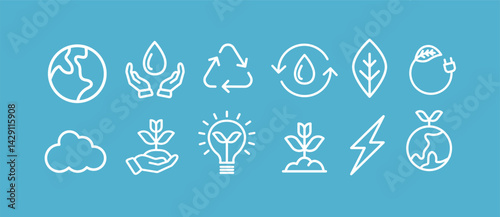 A clean and minimalist vector icon set featuring symbols related to sustainability, environmental care, renewable energy sources, and love for the planet.