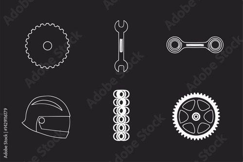 Minimalist vector set featuring motorcycle parts and repair tool outlined in white