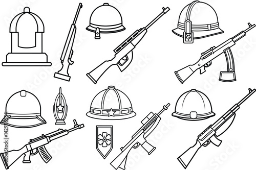 Helmet and rifle memorial outline vector illustration isolated on white background.