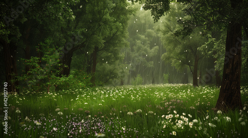 A wildflower and trees in a dense forest during the midsummer rainy season