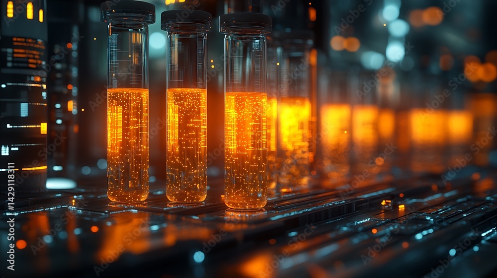 Futuristic Laboratory: Test Tubes Glowing with Intense Orange Light on a Metallic Surface, Science Concept Futuristic Laboratory: Test Tubes Glowing with Intense Orange Light on a Metallic Surface, Science Concept