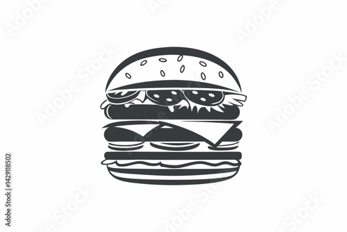 Monochromatic burger illustration isolated on white background suitable for menu designs