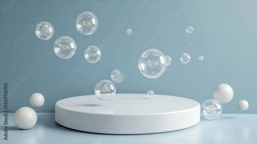 A simple round podium on a pale blue background with foam and bubbles floating above. v3