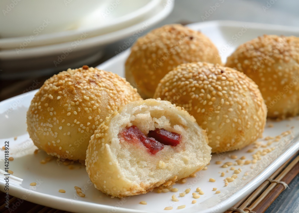 plate of sesame seed buns filled with red jam, arranged in row on wooden table. plate of sesame seed buns filled with red jam, arranged in row on wooden table.